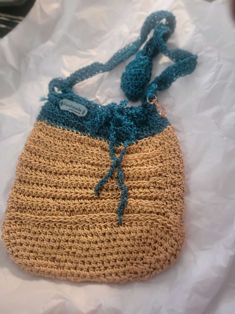 Crochet Teal and Gold  shoulder Strap Tote