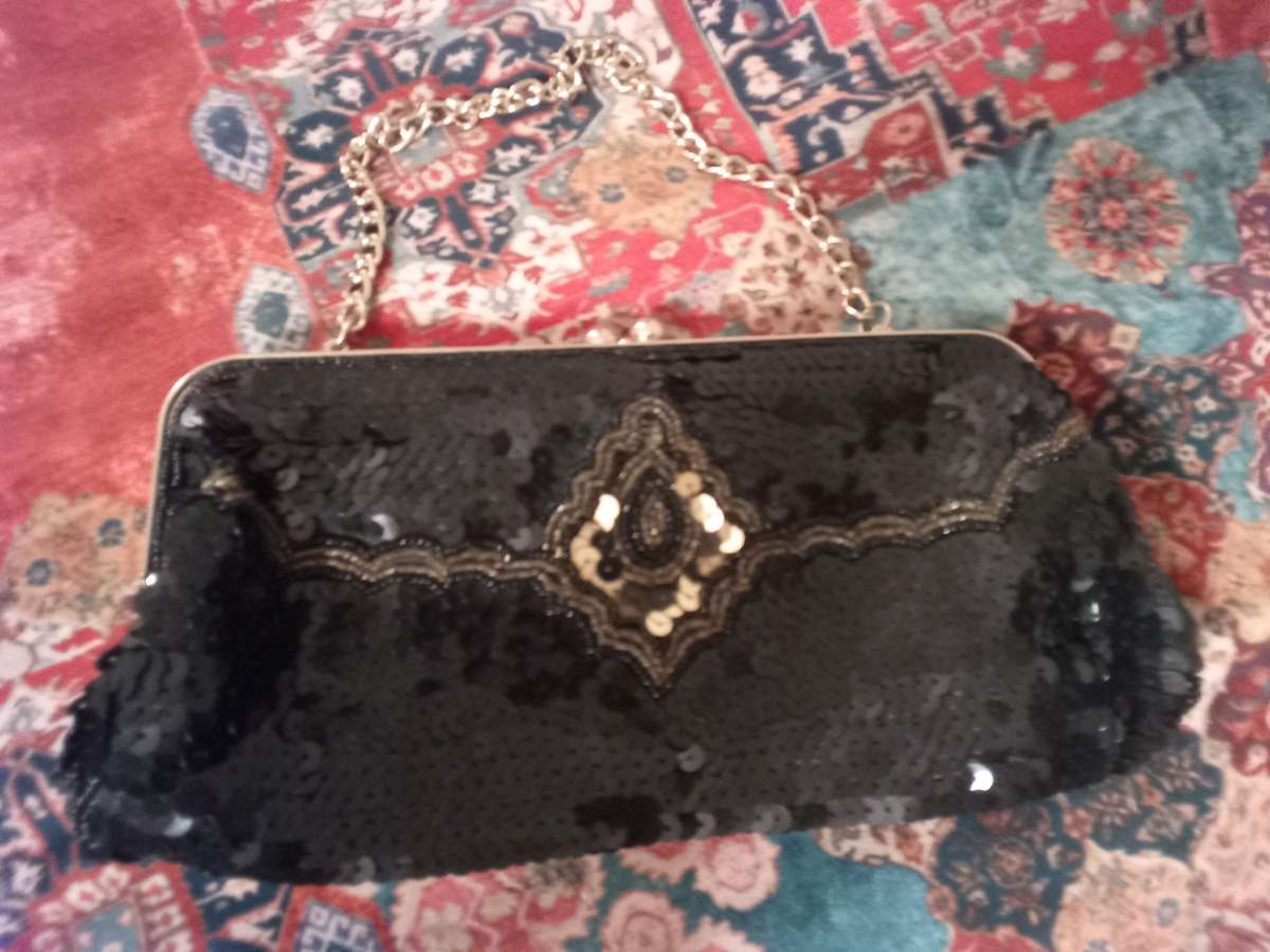Black sequin snap up purse with gold chain