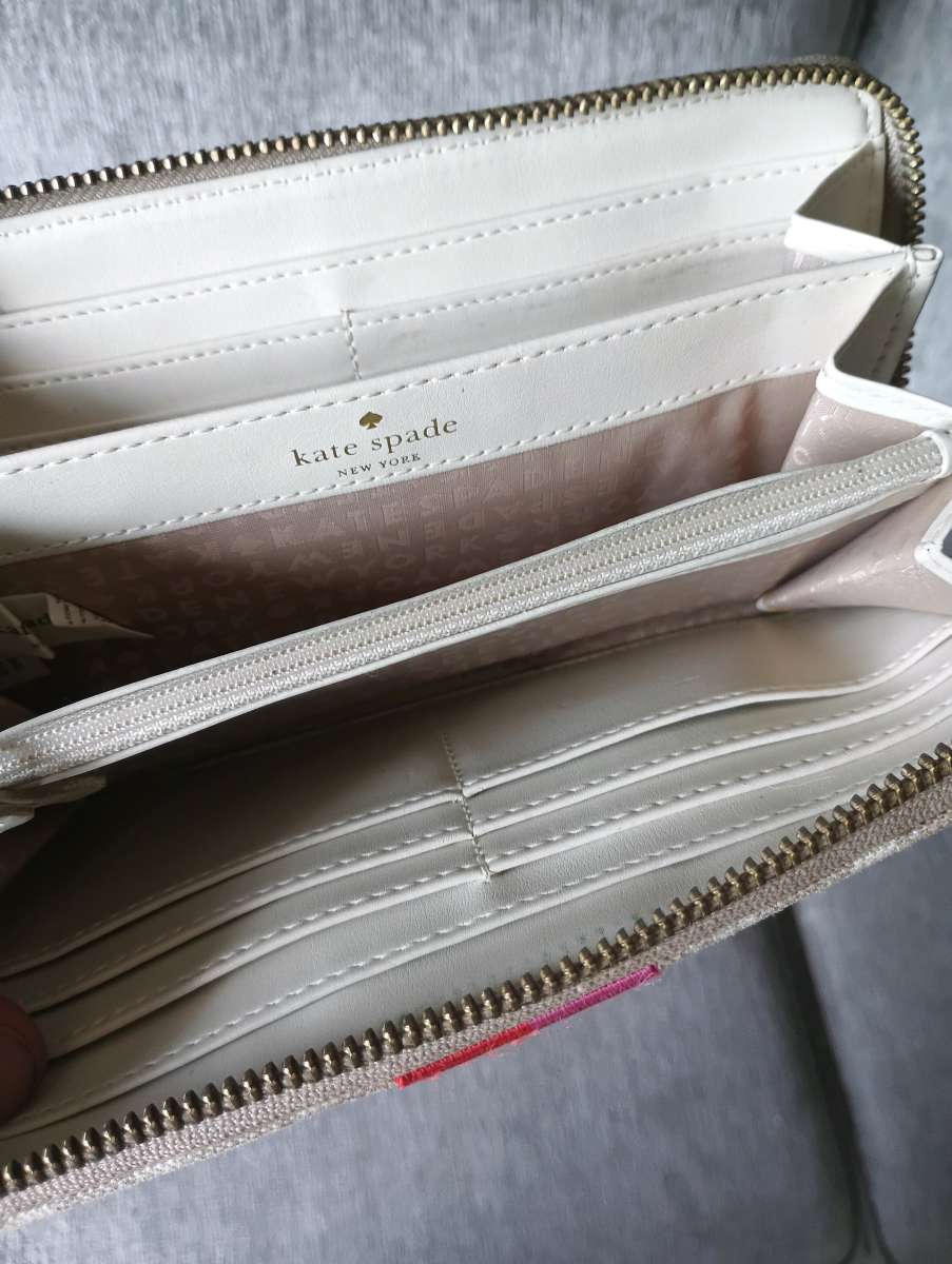 Kate Spade New York Gray Brown Canvas Striped Zip Around Cre