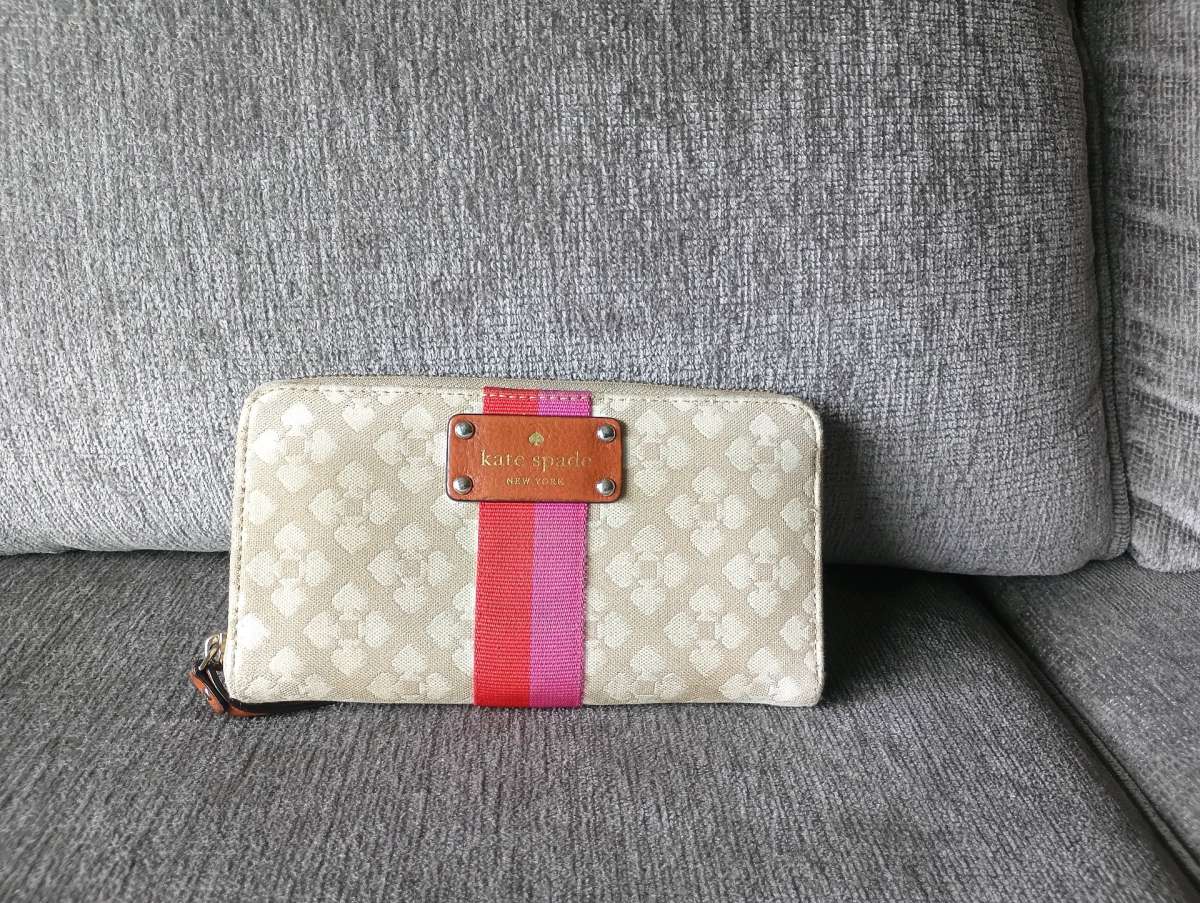 Kate Spade New York Gray Brown Canvas Striped Zip Around Cre