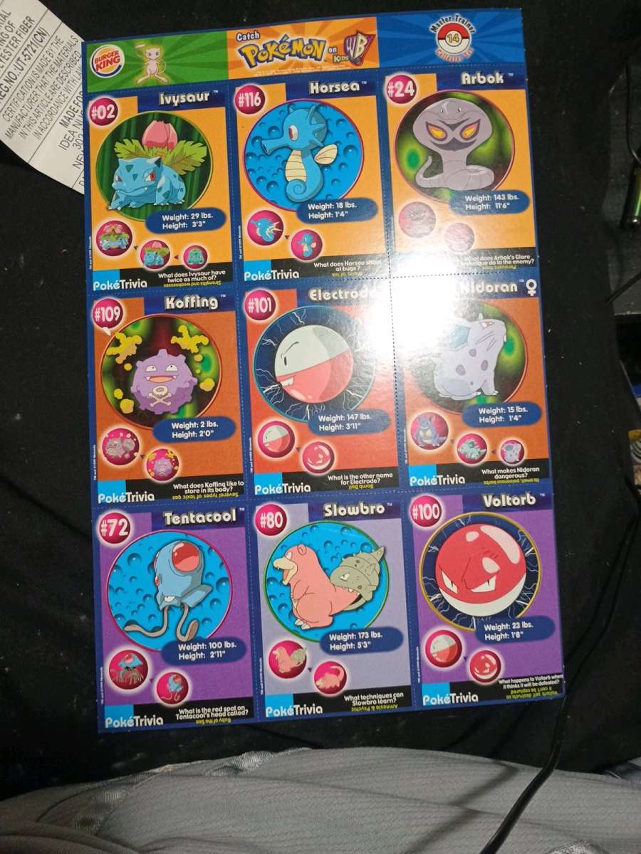 sheets of pokemon cards from burger king
