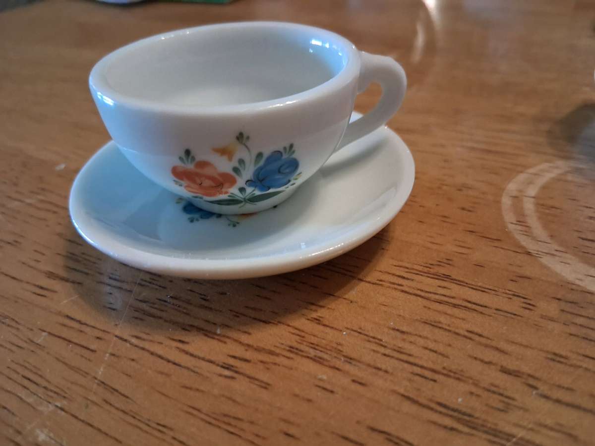 blue and orange flower tiny teacup saucer set