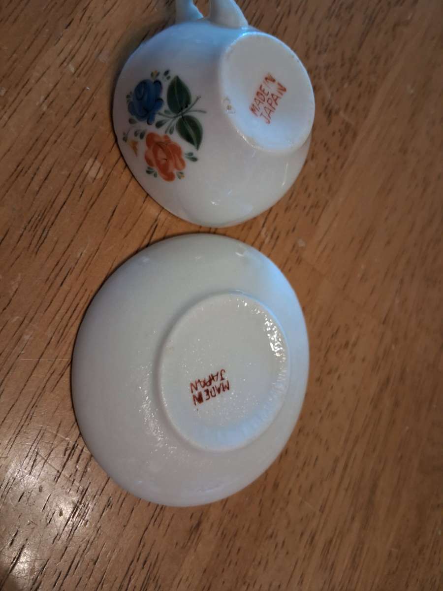 blue and orange flower tiny teacup saucer set