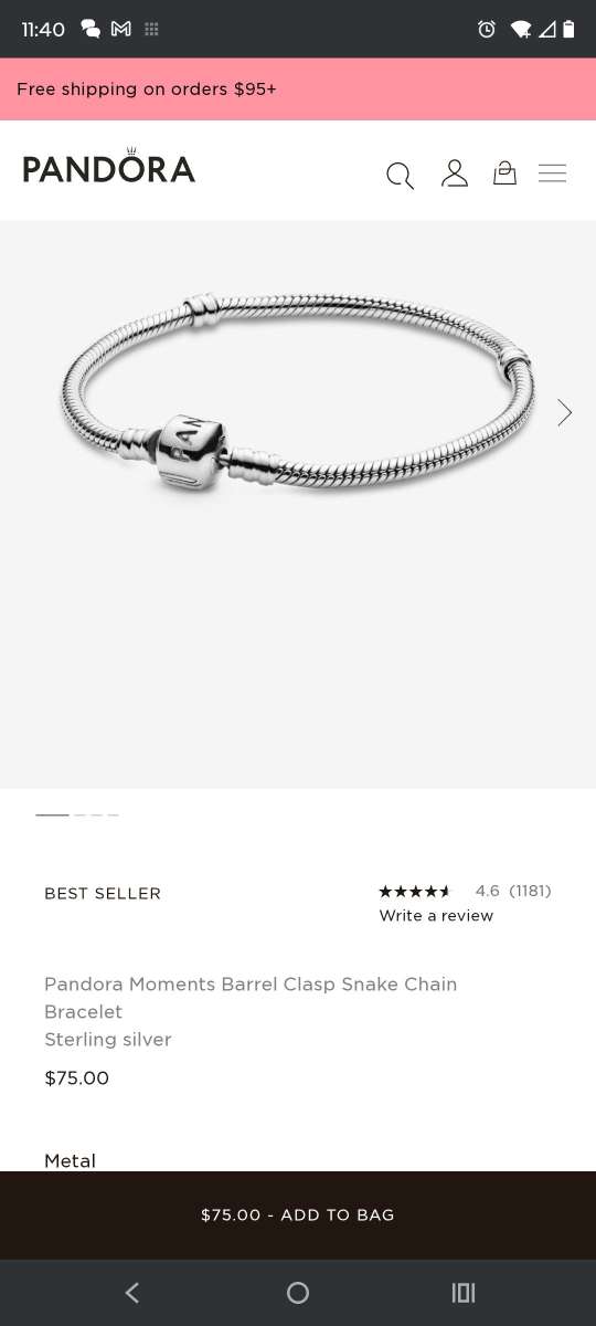 Pandora moments barrel clasp snake chain charm bracelet
