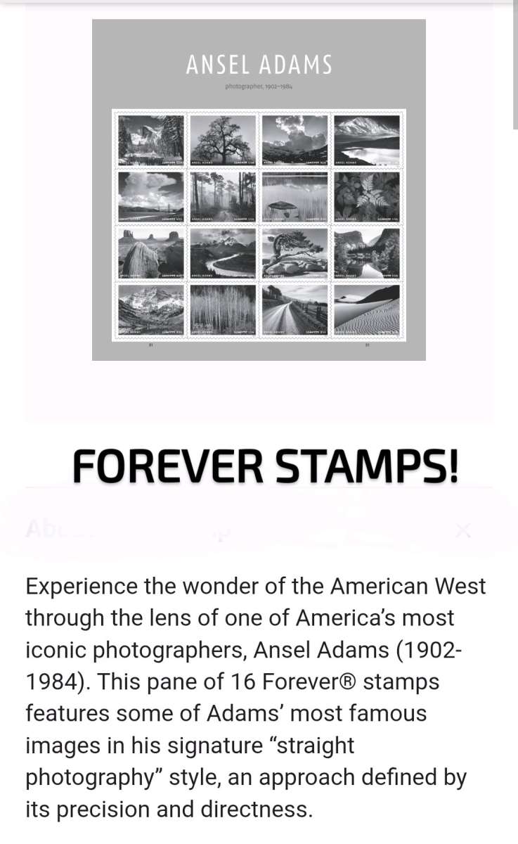 FOREVER STAMPS One lot 26 panes of 16 Beautiful Ansel Adams