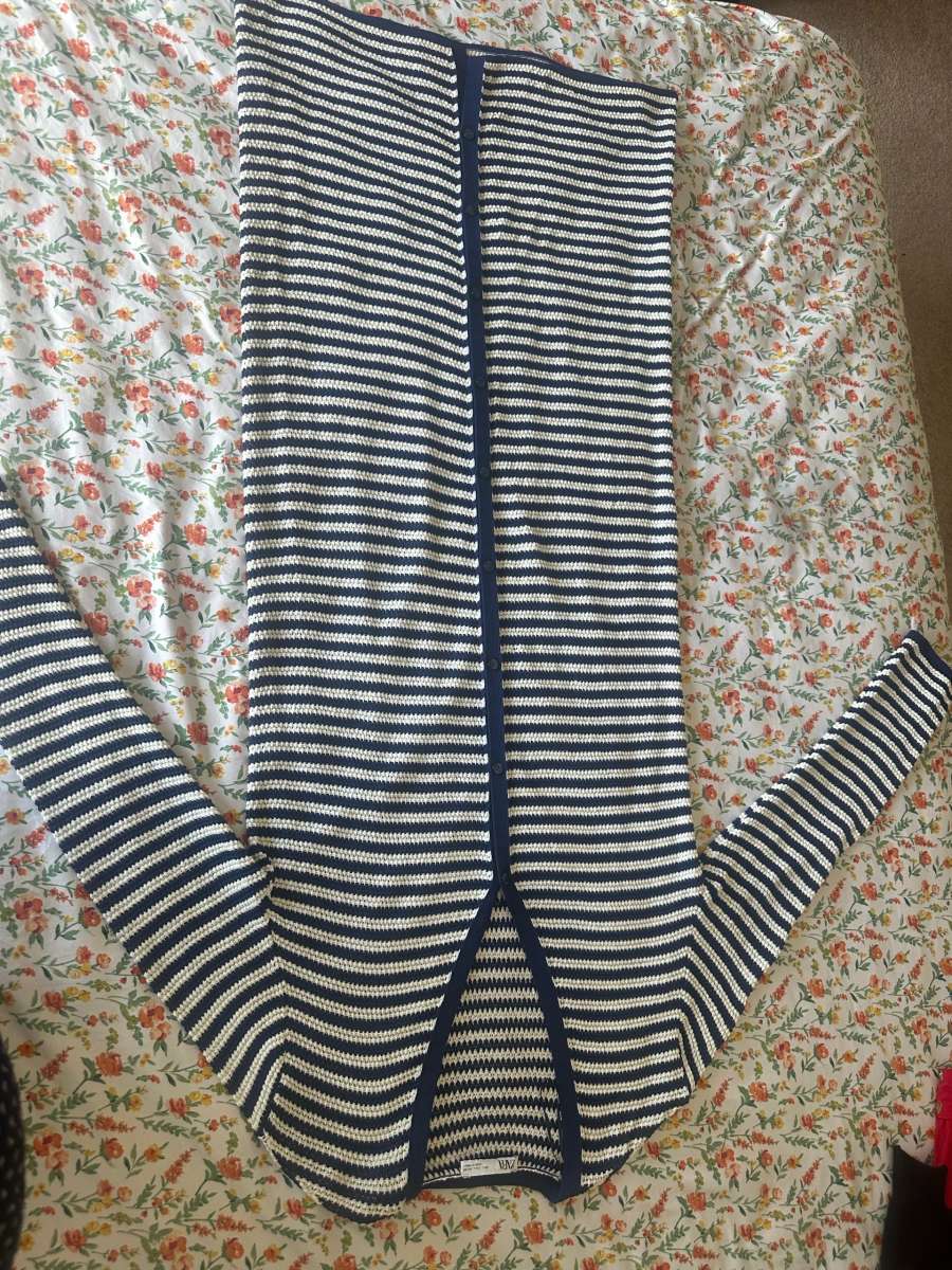 Navy blue and white striped cardigan long dress l