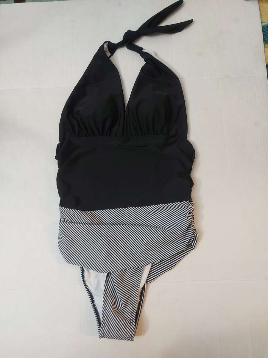 BlackWhite Halter Striped One Piece Bathing Suit Size S