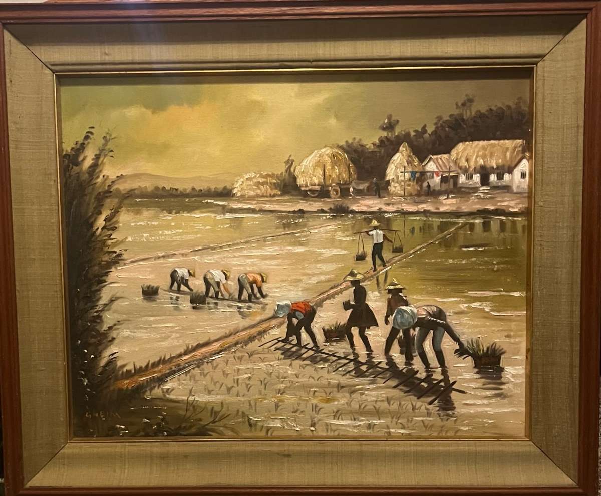 Original HandPainted Village Landscape Art  Framed