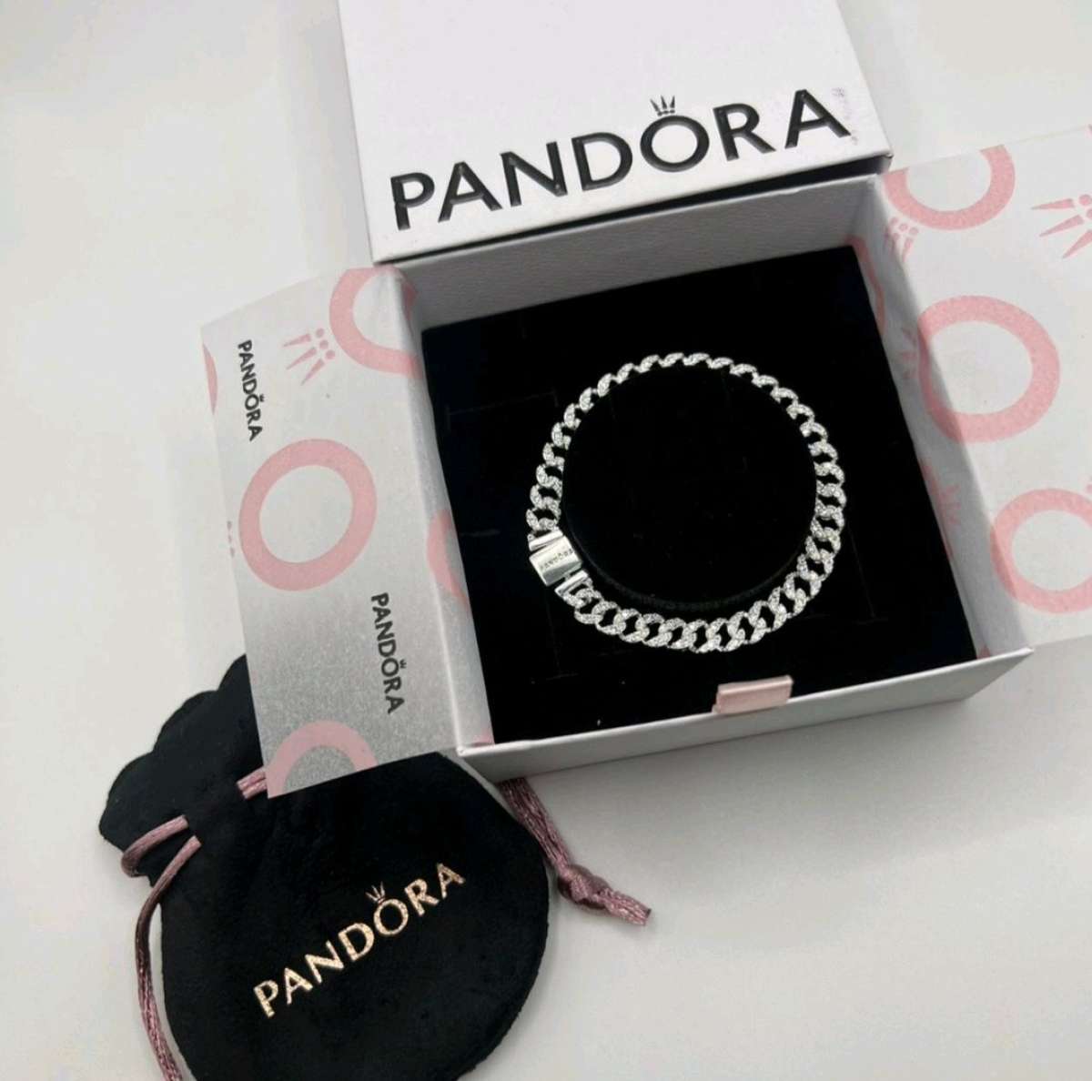 2 PIECE PANDORA TIMELESS PAVE CUBAN CHAIN BRACELET NECKLACE