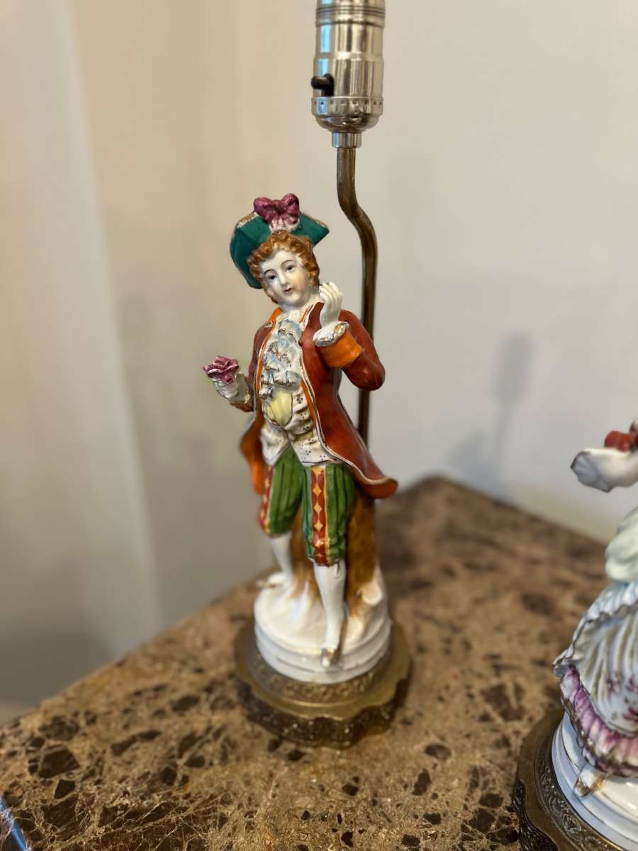Vintage Porcelain Figurine Table Lamps Set French Man And Wo