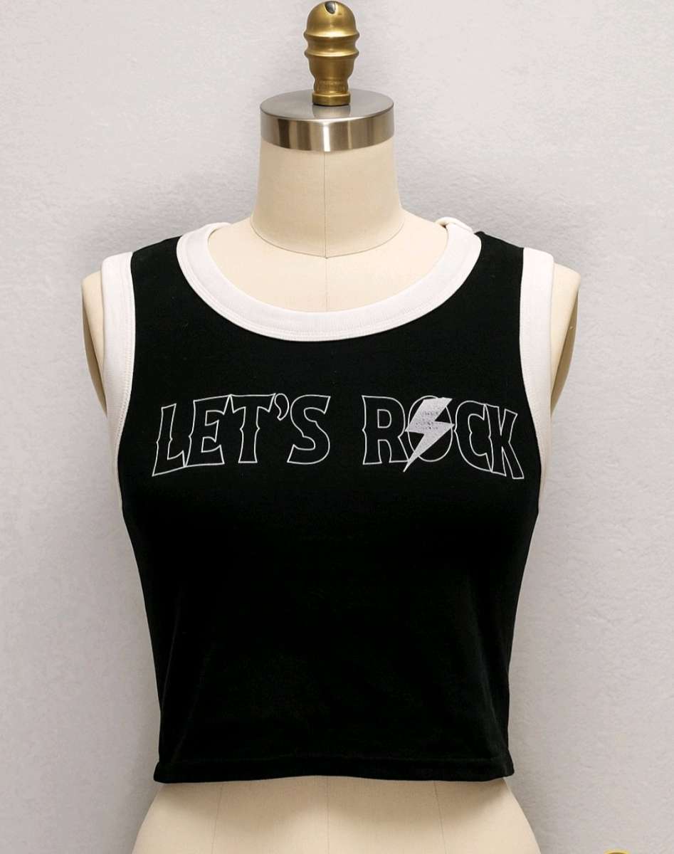 lets Rock black and white cropped tank