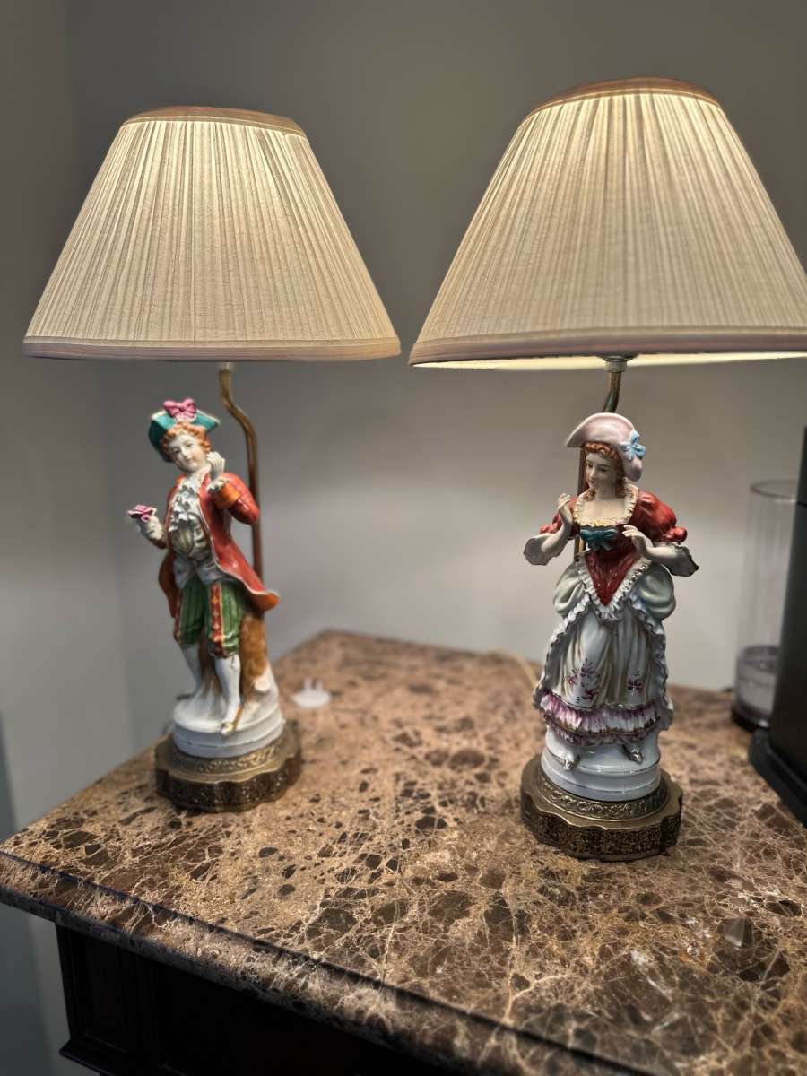 Vintage Porcelain Figurine Table Lamps Set French Man And Wo