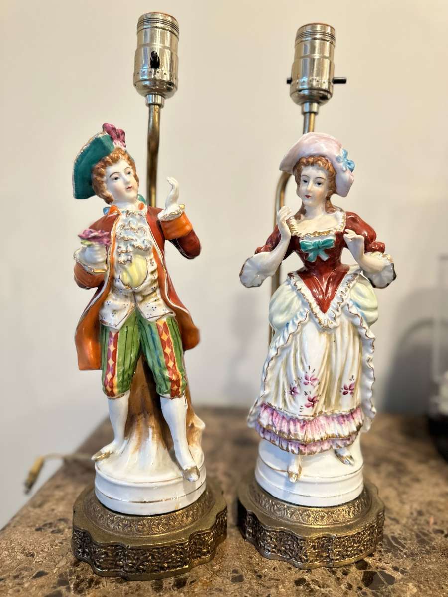 Vintage Porcelain Figurine Table Lamps Set French Man And Wo