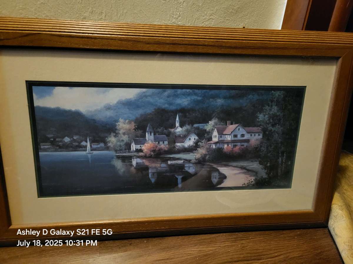1997 painting of a lake town 16x12 inches framed art lakevib