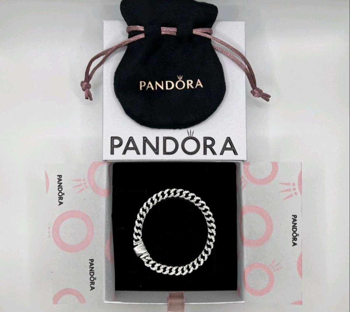 2 PIECE PANDORA TIMELESS PAVE CUBAN CHAIN BRACELET NECKLACE