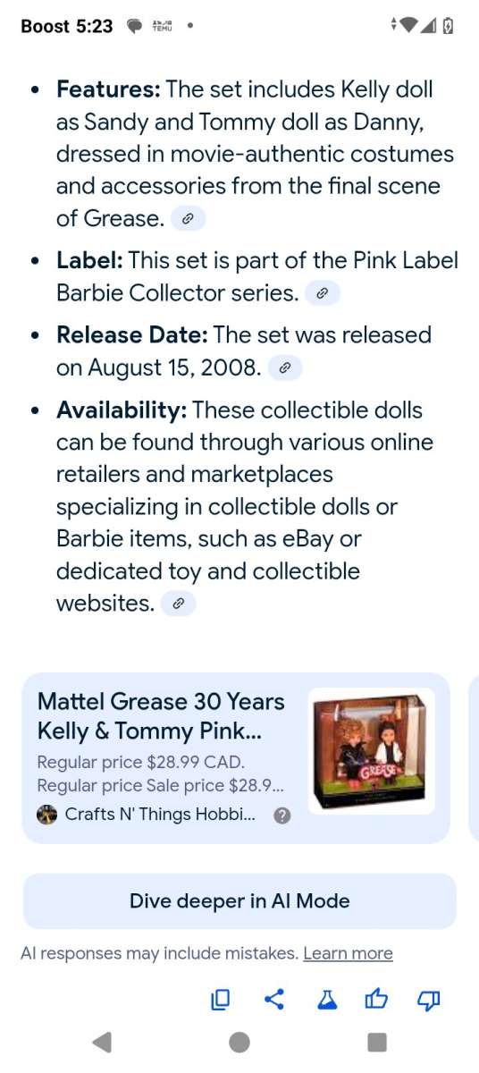 30 year of the movie Grease featuring Sandy and Danny dolls