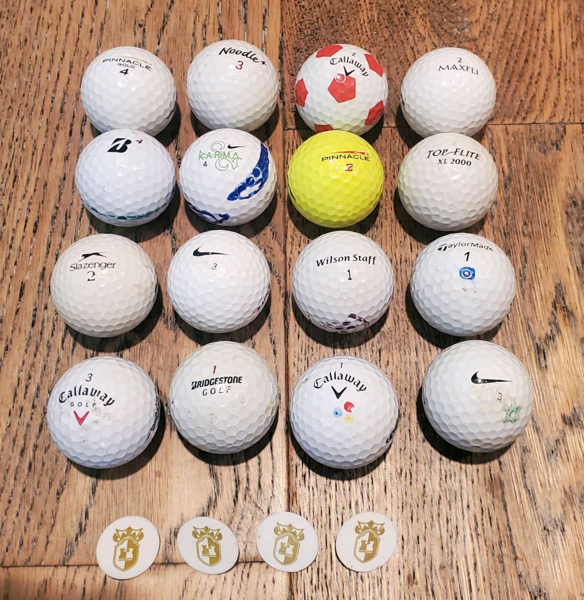 Used Golf Balls 16 Ea  Ball Markers 4 Ea With Glass Storage