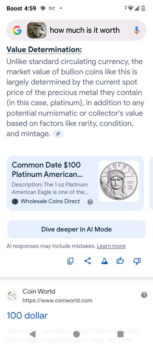 100 non circulated US mint pure Platinum coin