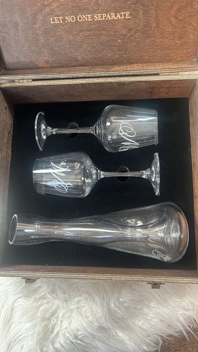 Set of custom Mr and Mrs wine glasses and a wine flute all e