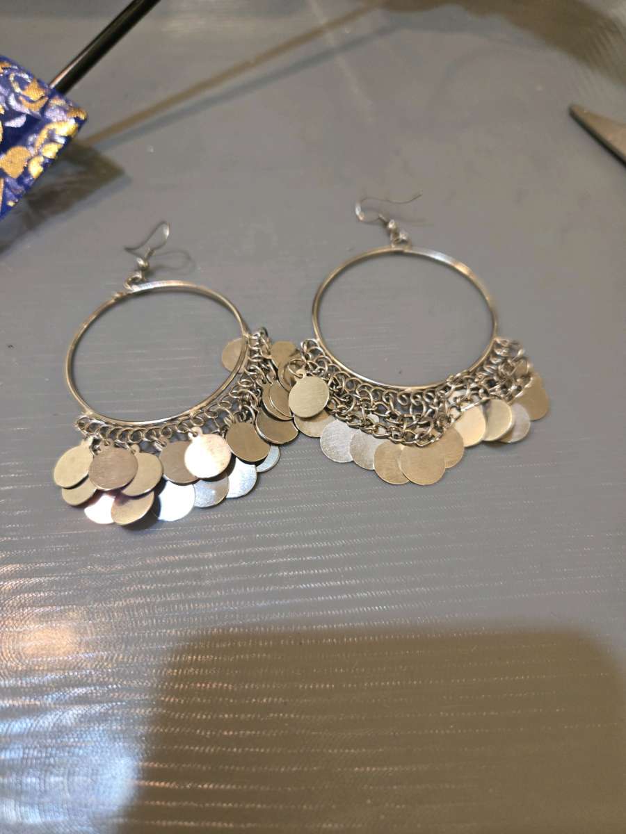 Oxidised Silver hoop earrings with silver coin accents festi
