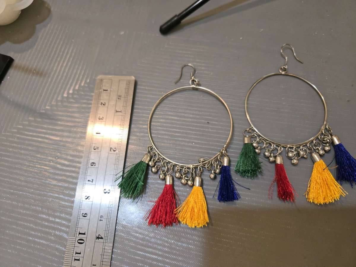 Colourful tassel earrings with silver hoops festivalvibes