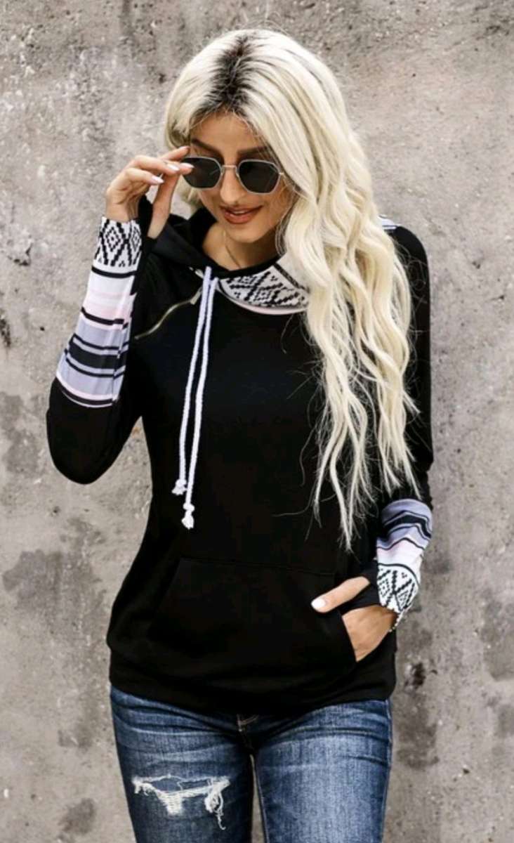AZTEC BLACK DOUBLE HOODED HOODIE WOMENS SMALL