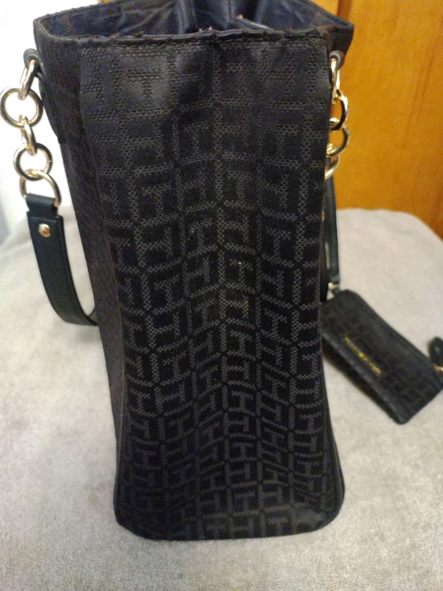 TOMMY HILFIGER Signature Black Canvas Faux Leather Shoulder