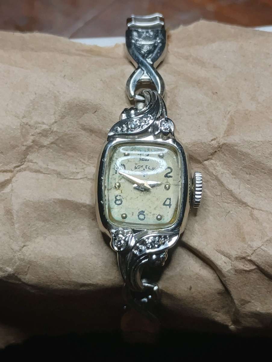 vintage Lady Elgin 14k White Gold Diamond Watch