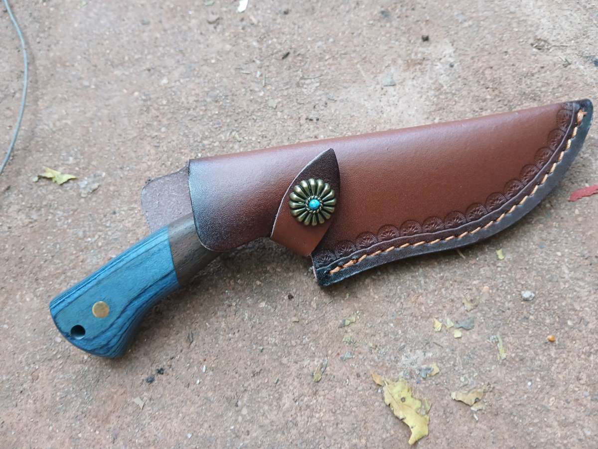 blue wood handle Damascus knife