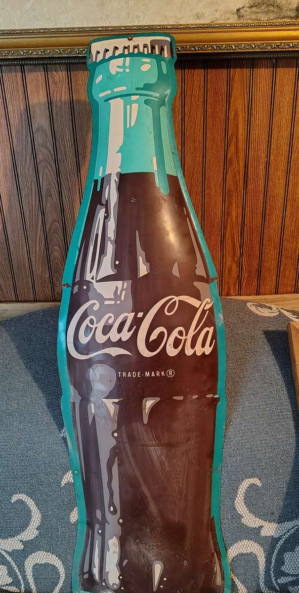 vintage Coca Cola bottle shaped die cut sign