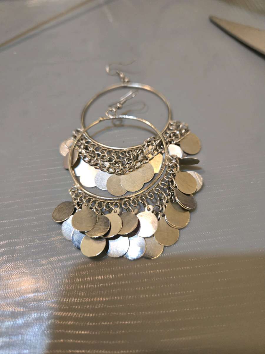 Oxidised Silver hoop earrings with silver coin accents festi