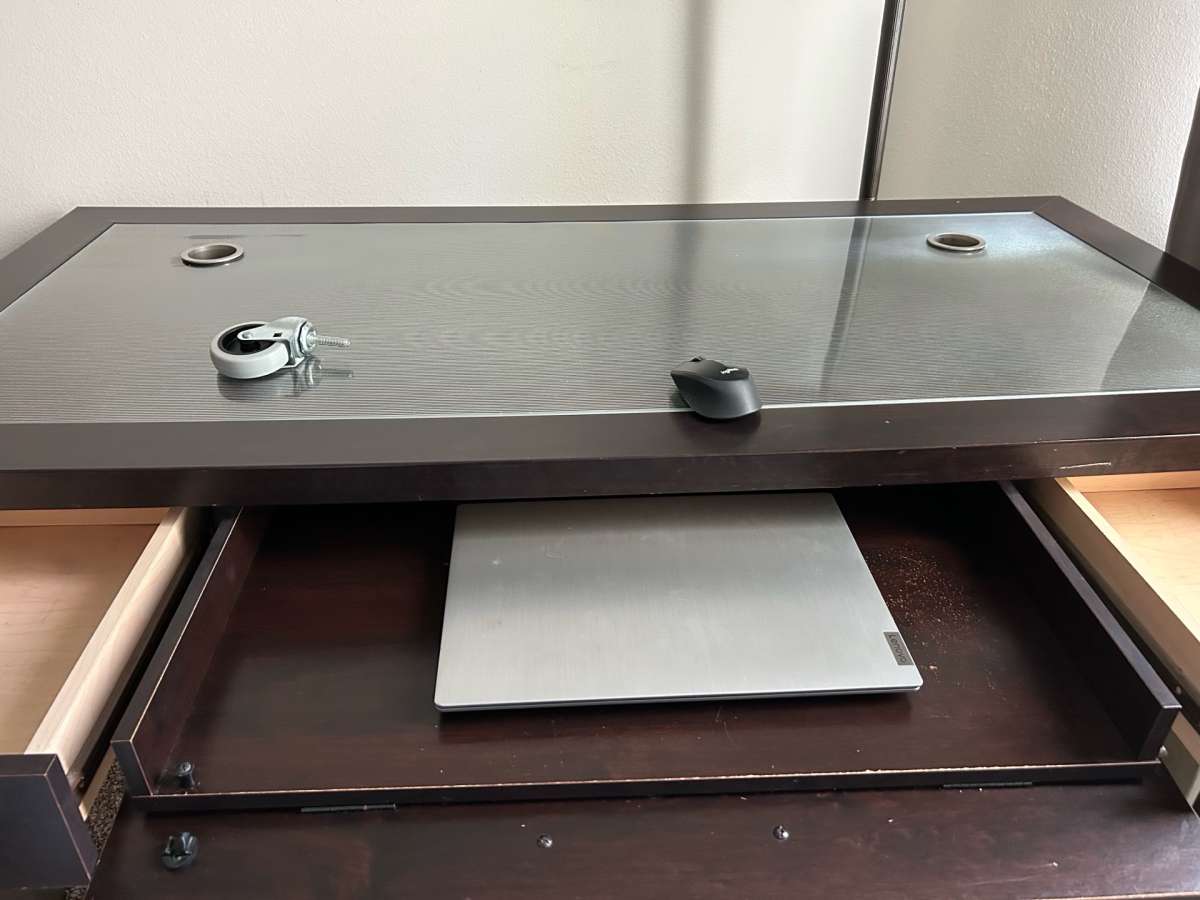 Glass Top Office Desk with Dark Wood Frame