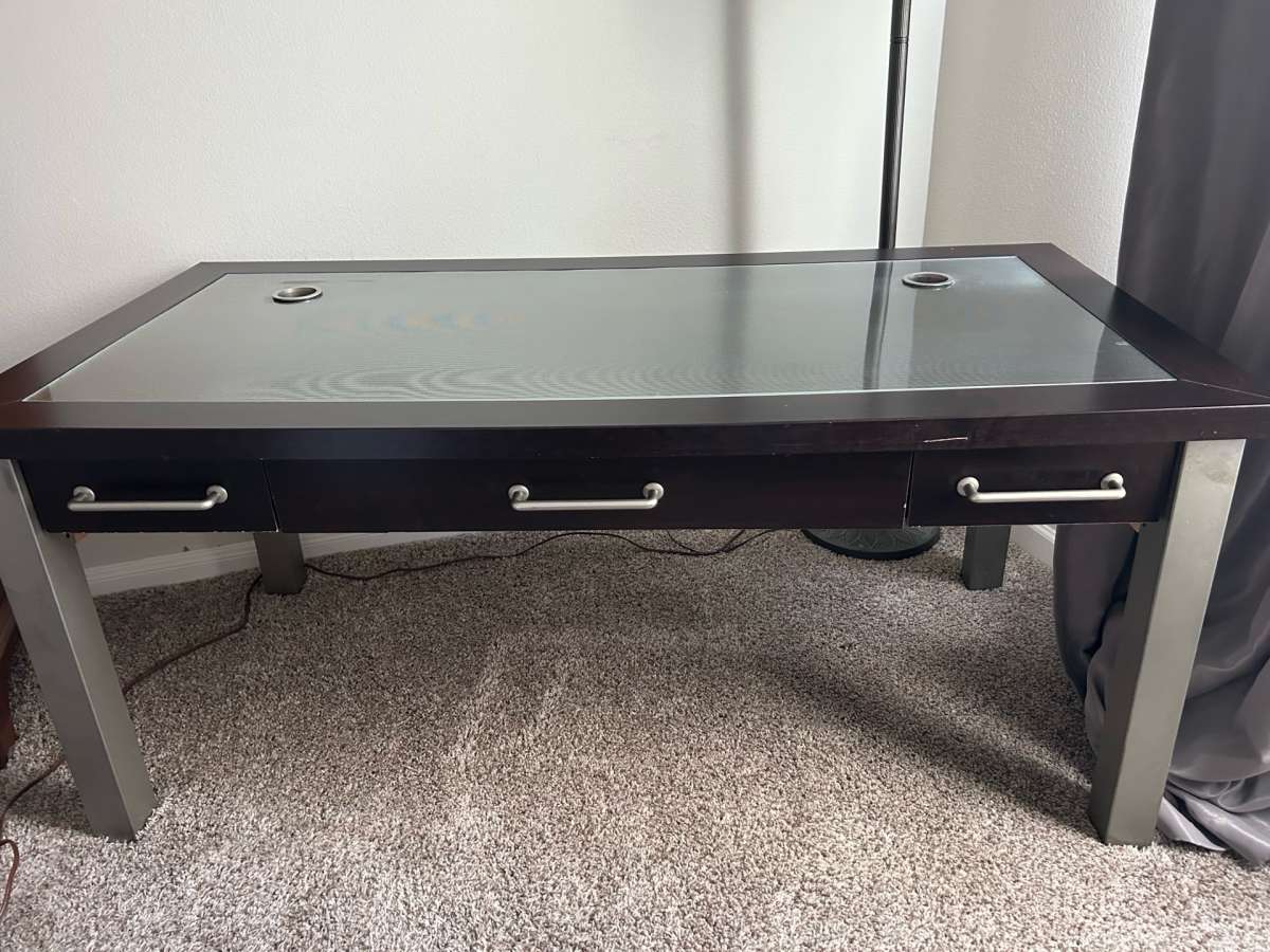 Glass Top Office Desk with Dark Wood Frame