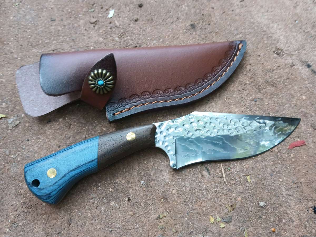 blue wood handle Damascus knife