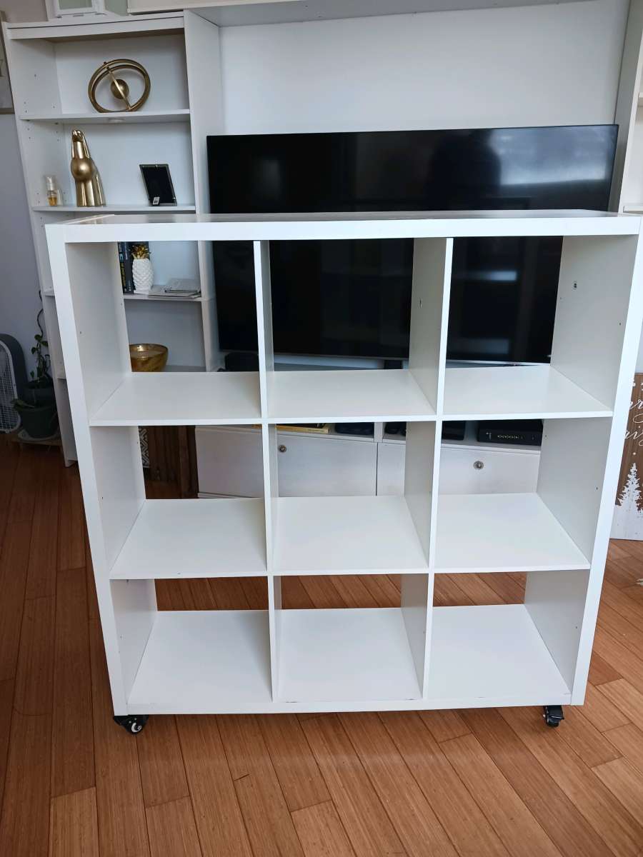 White Bookshelf on Wheels  9 Cube Storage Scratches  Holes
