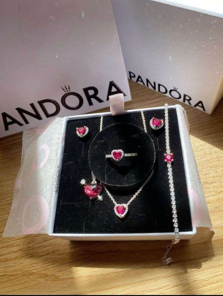 Pandora Red Heart Necklace Matching Ring Set
