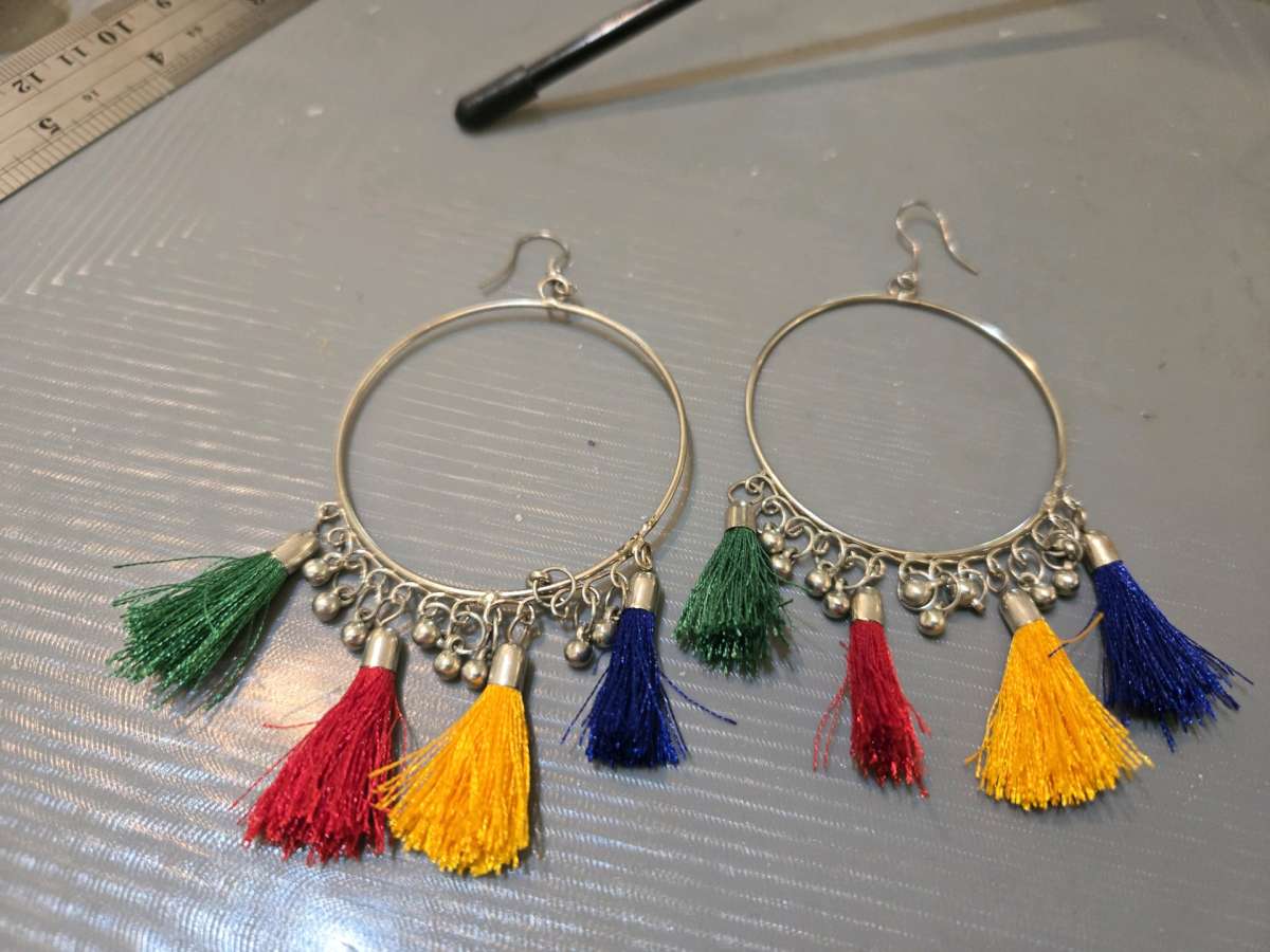 Colourful tassel earrings with silver hoops festivalvibes