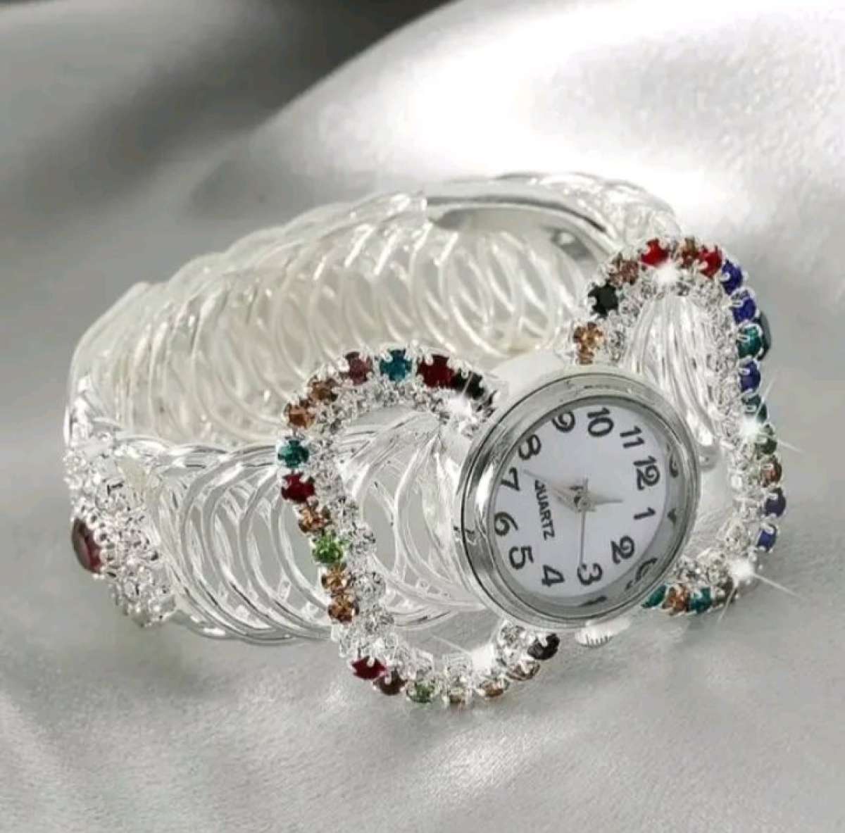 Boho Round Quartz Watches Colorful Rhinestone Stretch Bangle