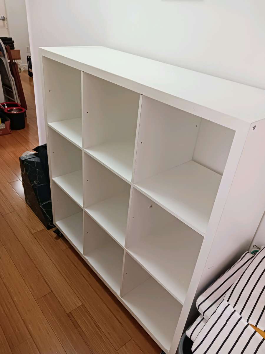 White Bookshelf on Wheels  9 Cube Storage Scratches  Holes