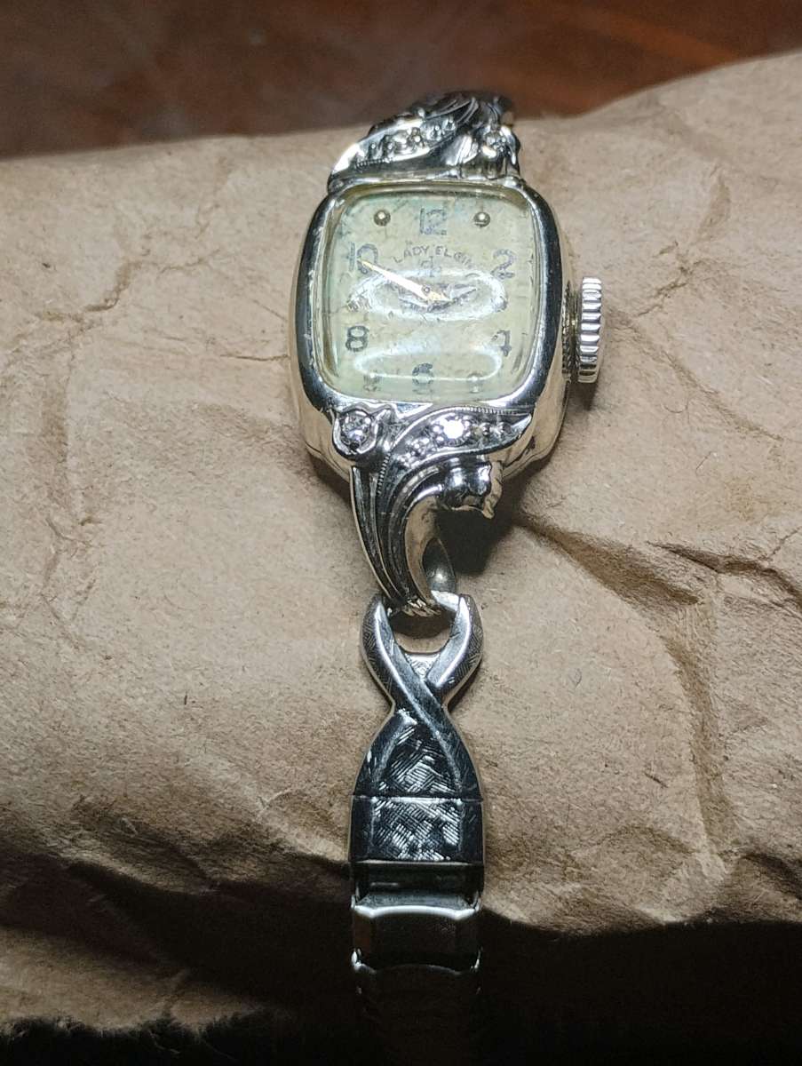vintage Lady Elgin 14k White Gold Diamond Watch