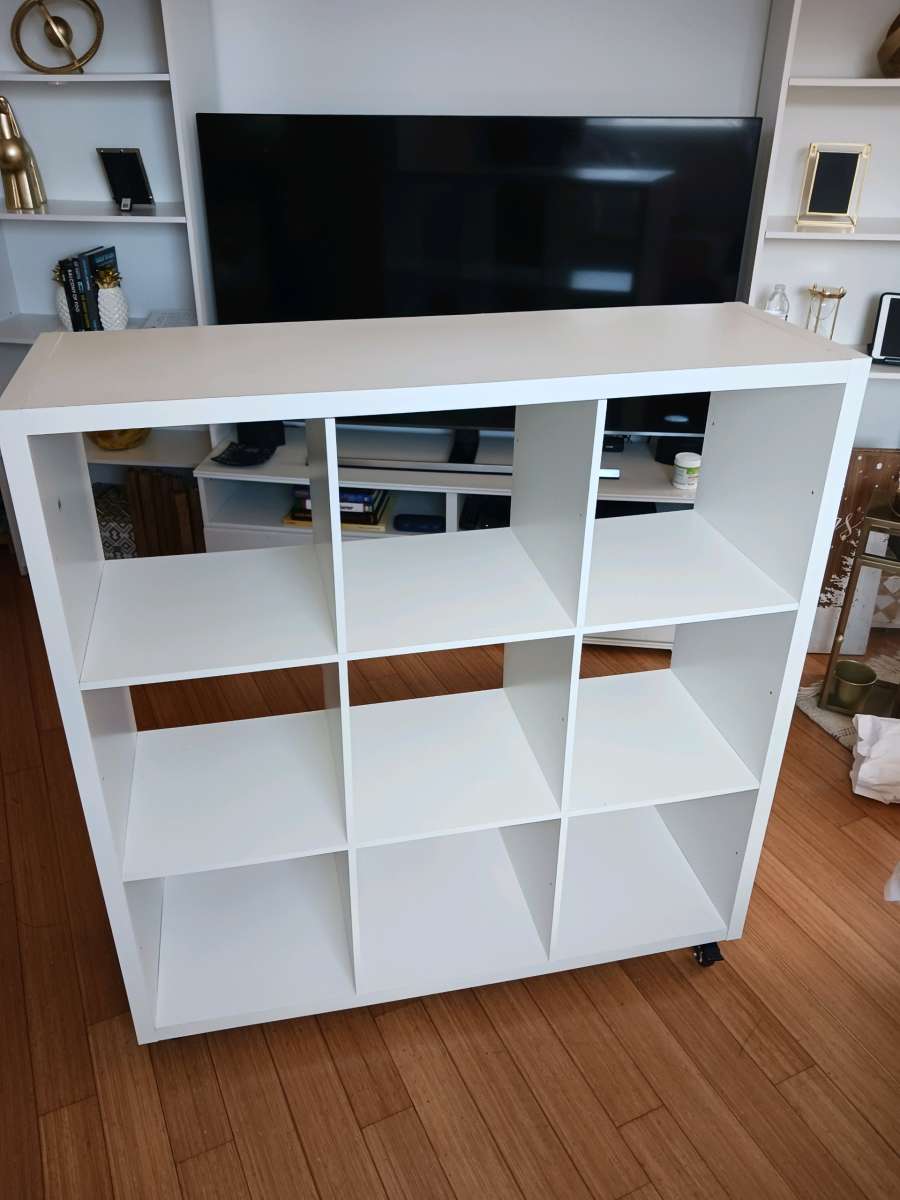 White Bookshelf on Wheels  9 Cube Storage Scratches  Holes