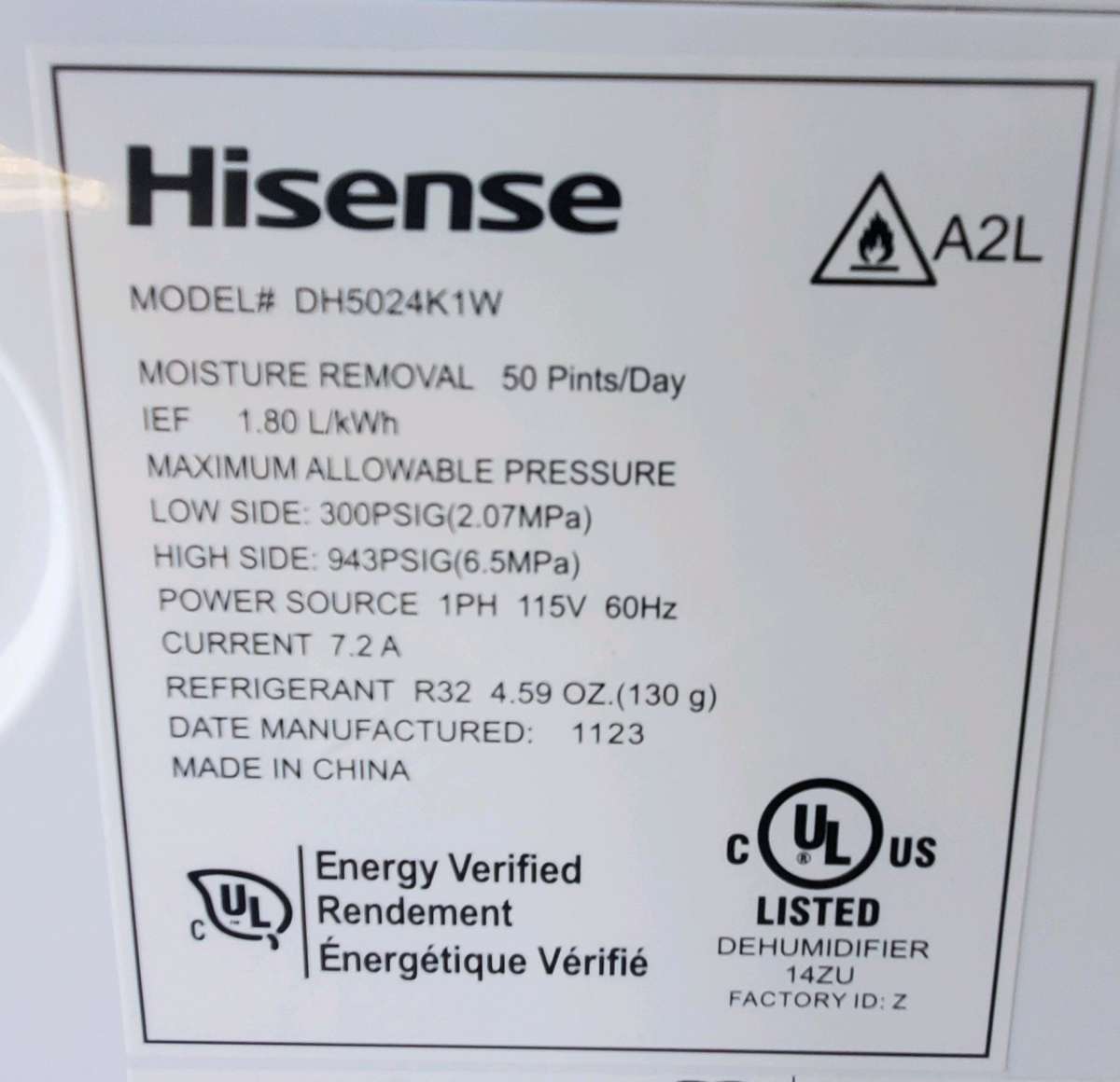 Hisense  Dehumidifier  19 Gallon  50 PintsDay  2 Speed  Ener