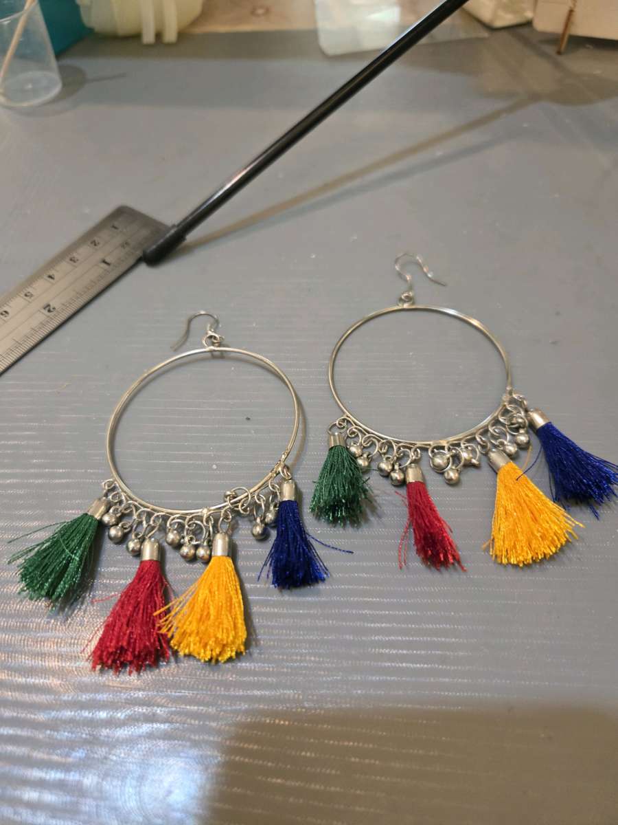 Colourful tassel earrings with silver hoops festivalvibes