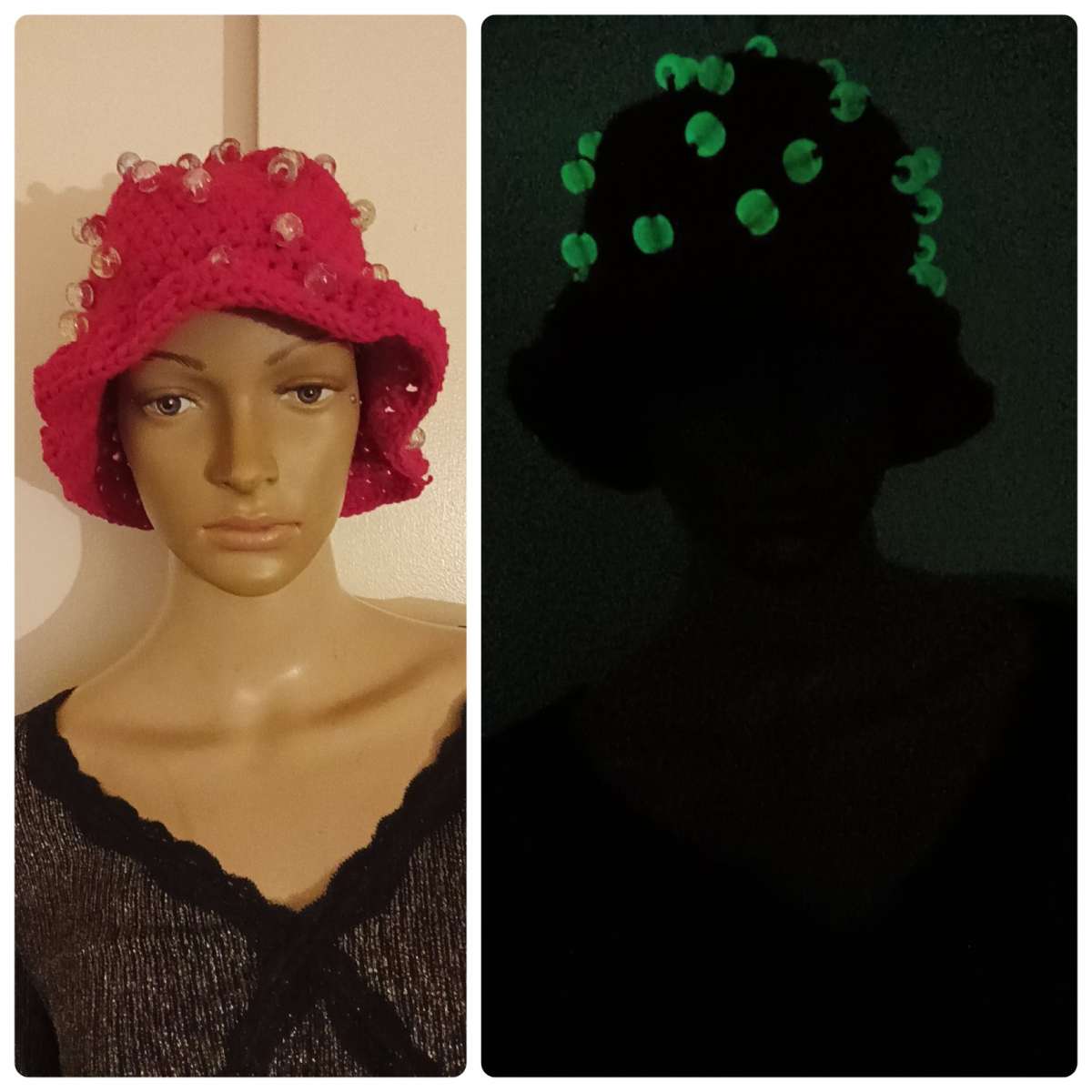 Handmade crochet red bucket hat that glow in the dark