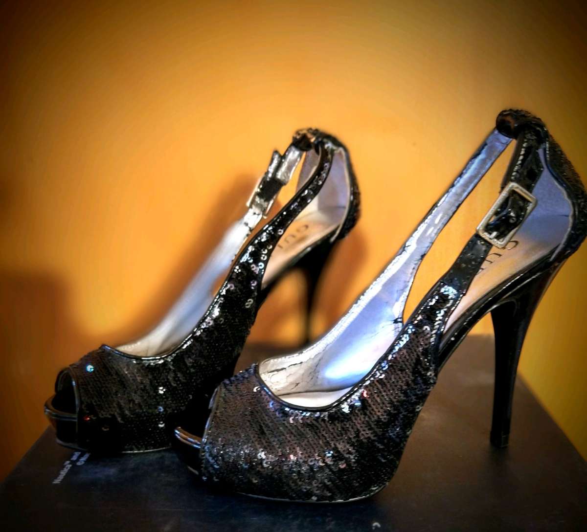 The Vintage Guess Black Sequence Open Toe heels size 6