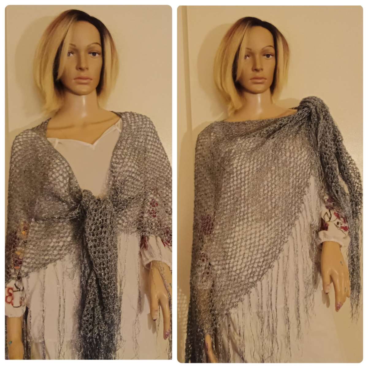 Handmade Crochet Silver Shawl