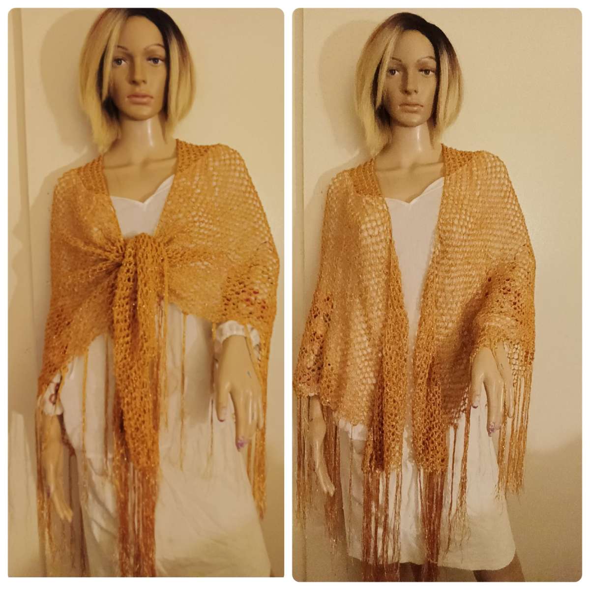 handmade crochet gold summer thin yarn shawl
