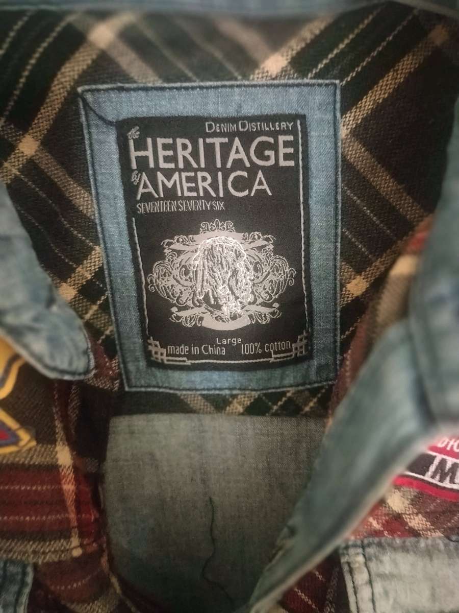 Heritage America L Distressed Denim Flannel Jacket Gas  Oil
