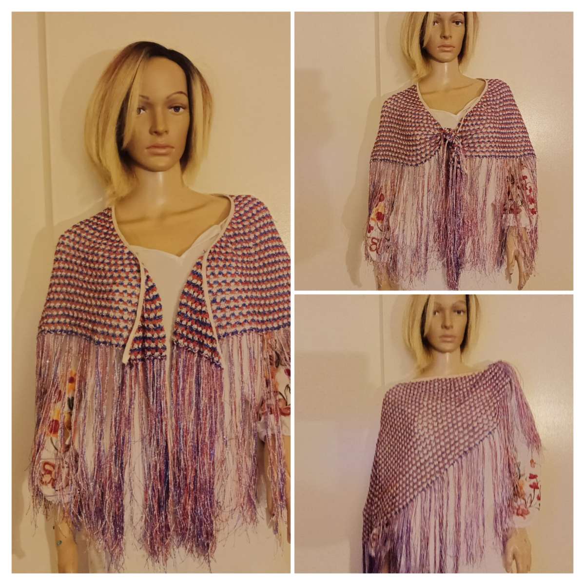 Handmade Crochet Red White and Blue shawl with tassels