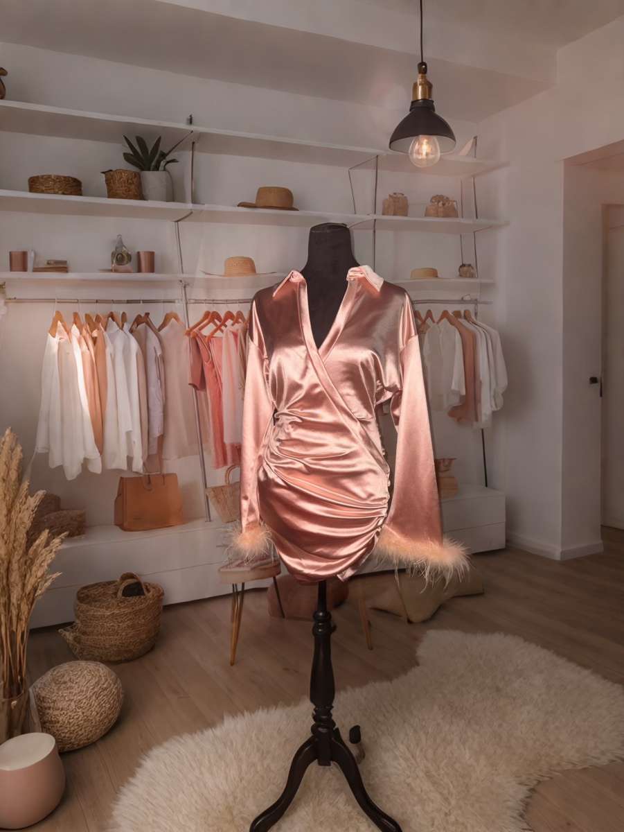 Fuzzy CuffRuched Wrap Hem Satin BodyconDress